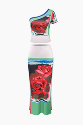 Rose Print Asymmetric T-Shirt And Midi Skirt Set